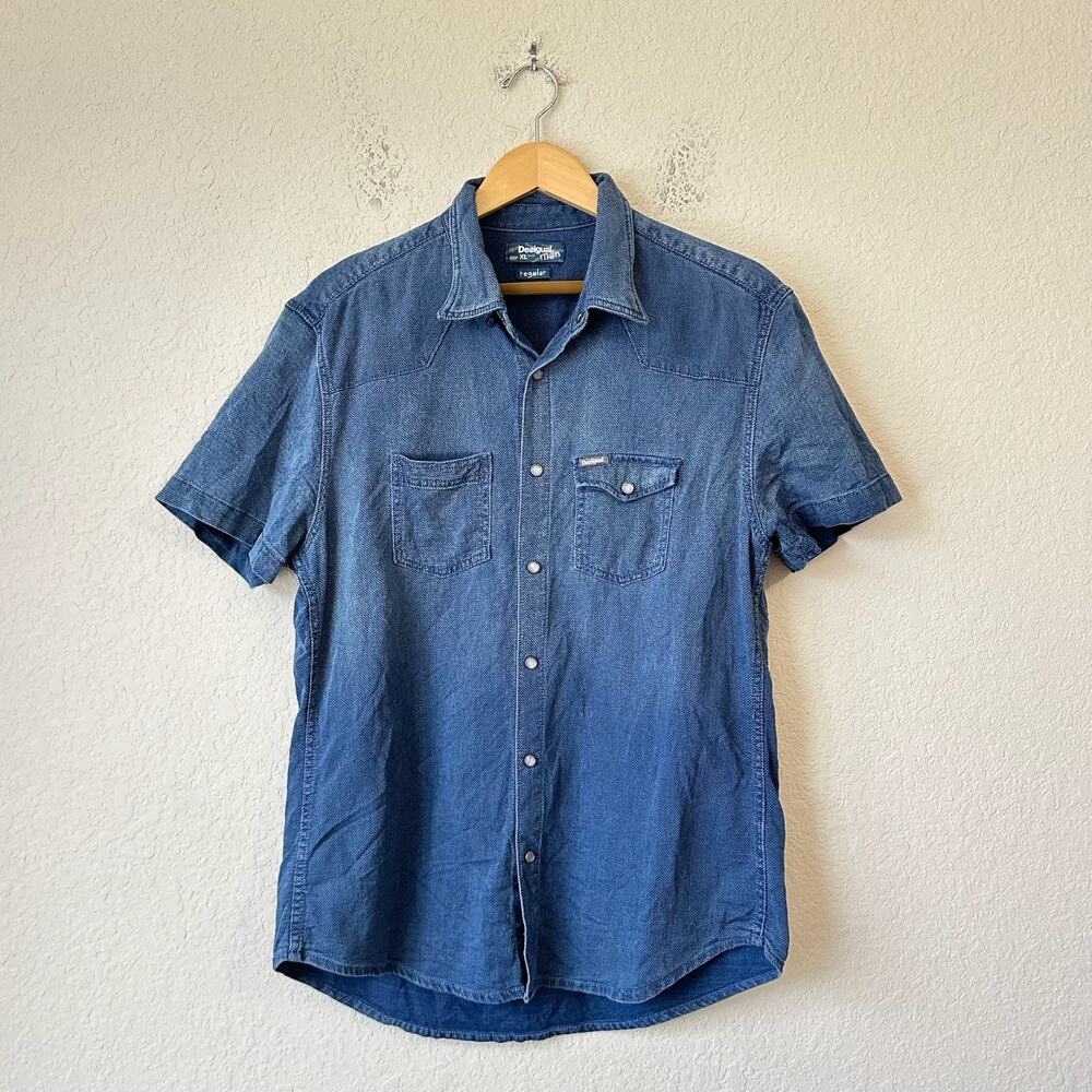 DESIGUAL Chambray Shirt Blue Pearl Snap Button SS Minimalist Y2K Western